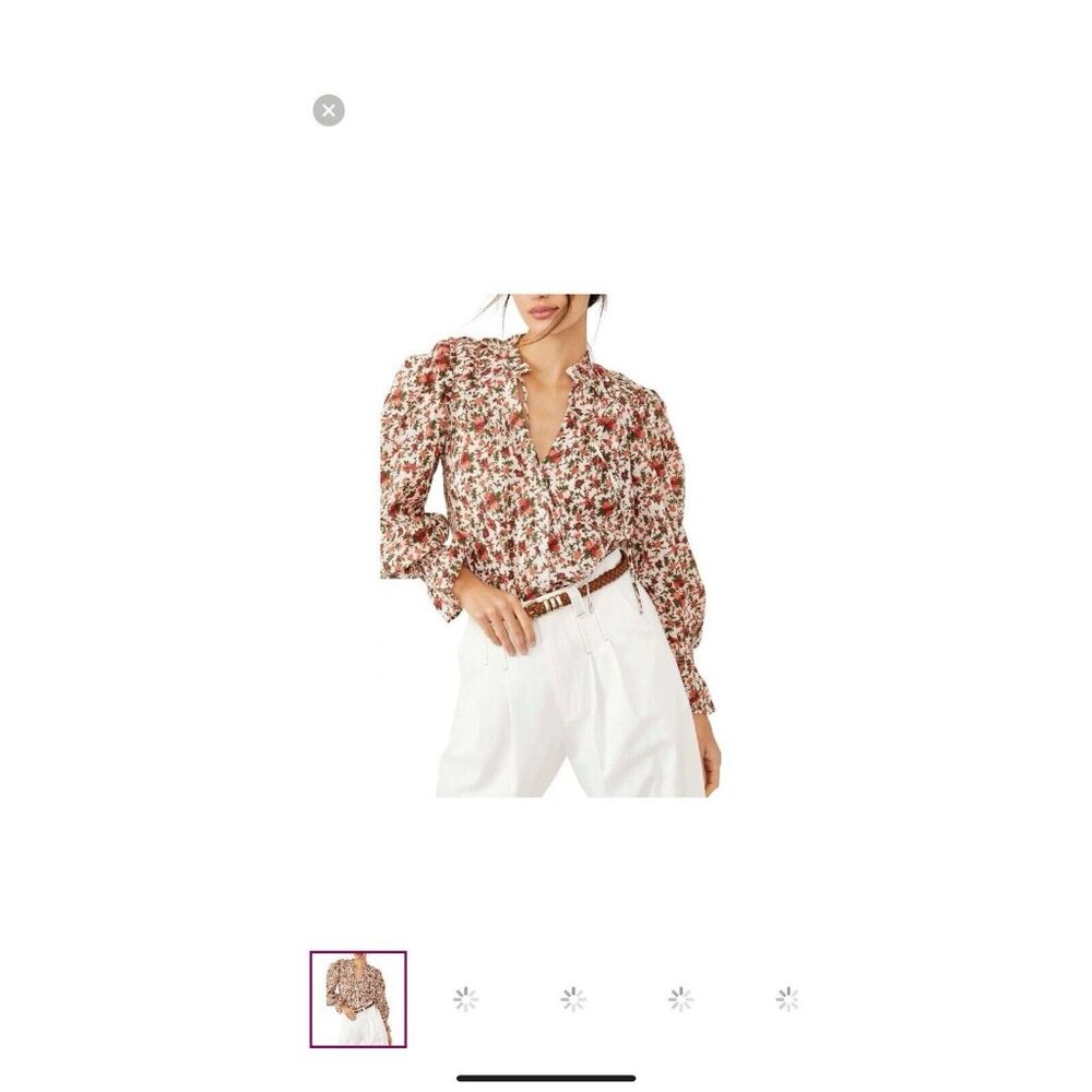 Free People Meant To Be Floral Blouse Small Ruffled Cuff Tie Neck Button Down